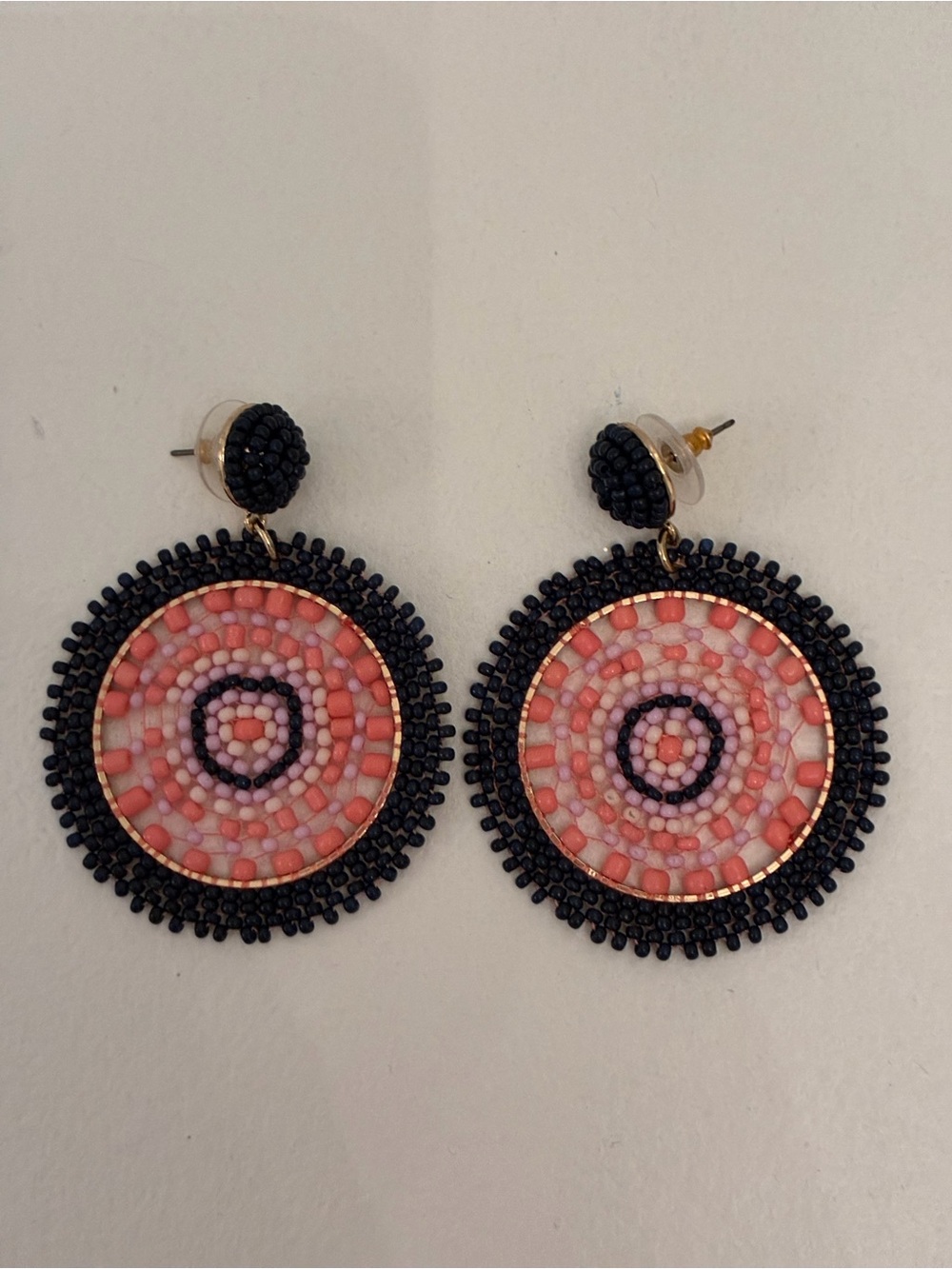 J. Crew Beaded Pink and Navy Round Drop Earrings